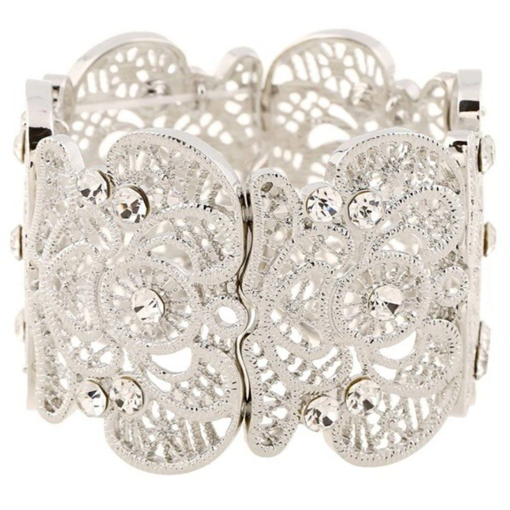 Silver Lace Filigree Crystal Cuff Bracelet